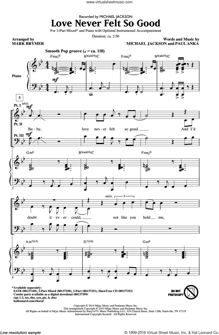 Love Never Felt So Good sheet music for choir (3-Part Mixed) by Michael Jackson, Mark Brymer, Michael Jackson & Justin Timberlake and Paul Anka, intermediate skill level