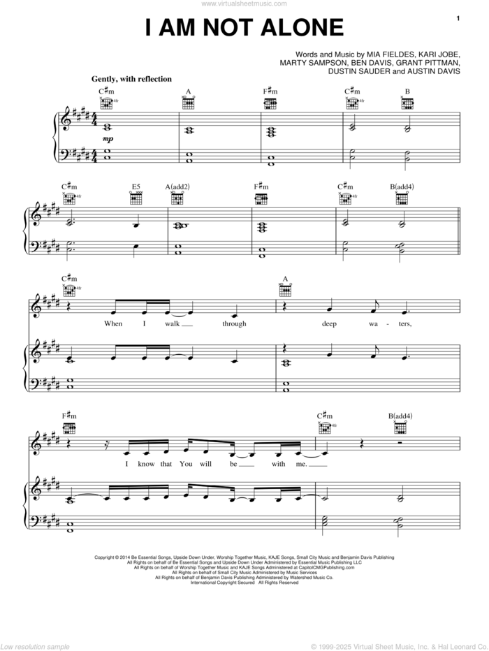 I Am Not Alone sheet music for voice, piano or guitar by Kari Jobe, Austin Davis, Ben Davis, Dustin Sauder, Grant Pittman, Marty Sampson and Mia Fieldes, intermediate skill level