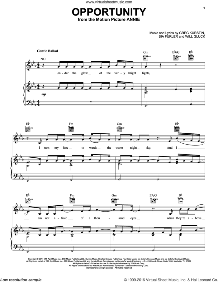 Opportunity sheet music for voice, piano or guitar by Charles Strouse, Christoph Willibald Gluck, Greg Kurstin and Sia Furler, intermediate skill level