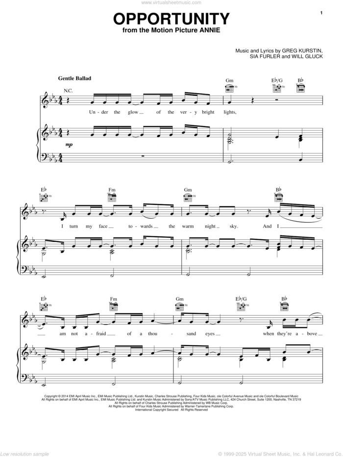 Opportunity sheet music for voice, piano or guitar by Charles Strouse, Christoph Willibald Gluck, Greg Kurstin and Sia Furler, intermediate skill level