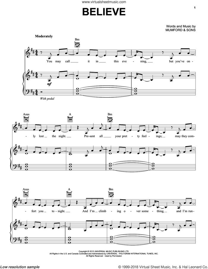 Believe sheet music for voice, piano or guitar by Mumford & Sons, intermediate skill level