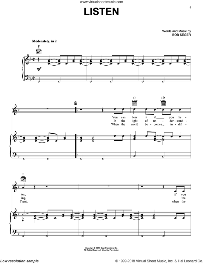 Listen sheet music for voice, piano or guitar by Bob Seger, intermediate skill level