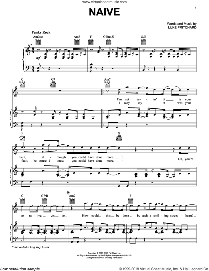 Naive sheet music for voice, piano or guitar by The Kooks and Luke Pritchard, intermediate skill level