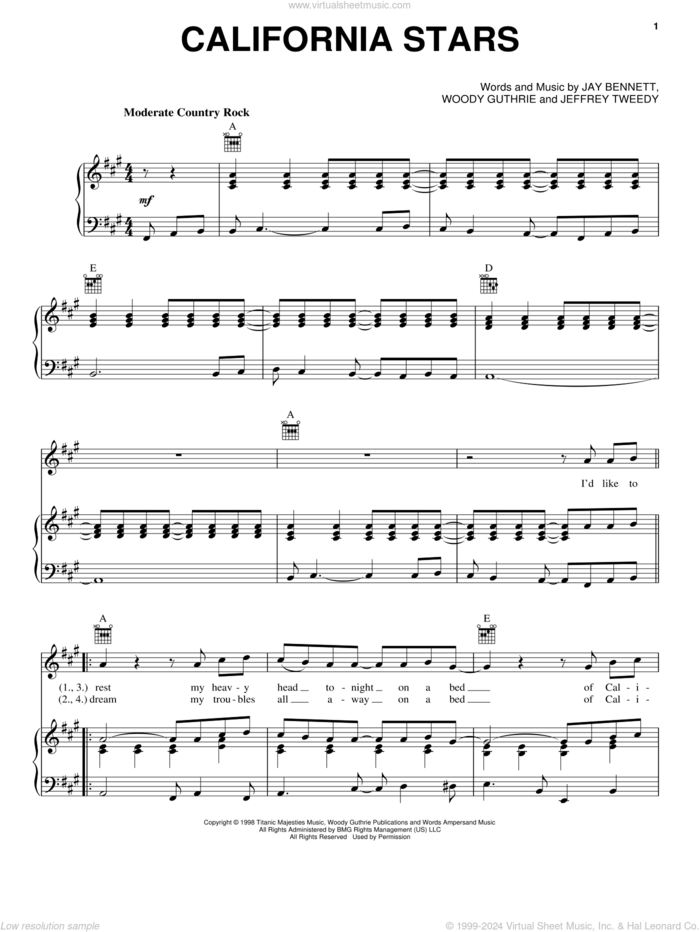 California Stars sheet music for voice, piano or guitar by Bob Seger, Wilco, Jay Bennett, Jeffrey Tweedy and Woody Guthrie, intermediate skill level