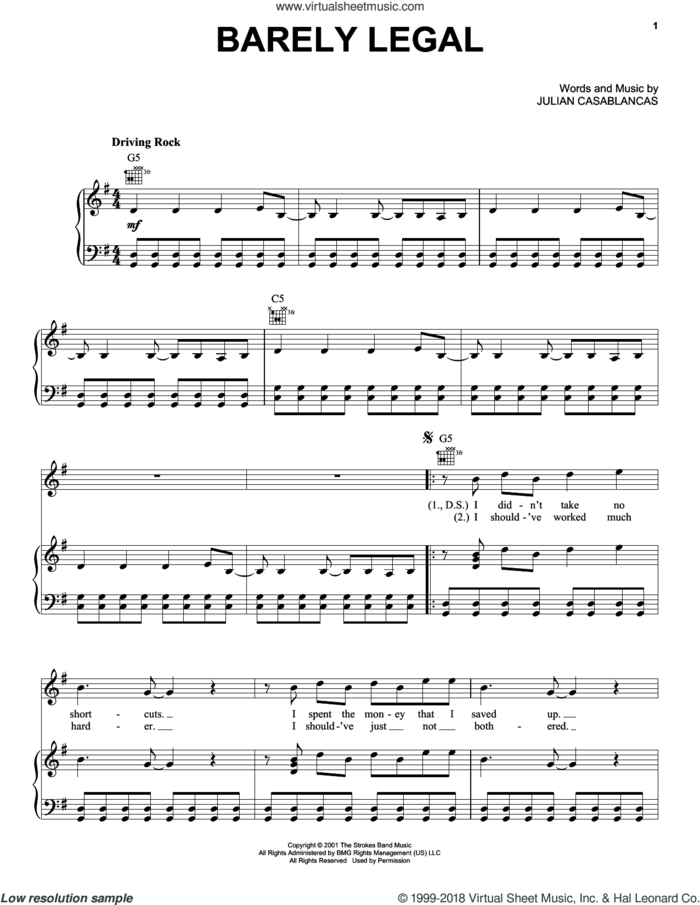Barely Legal sheet music for voice, piano or guitar by The Strokes and Julian Casablancas, intermediate skill level