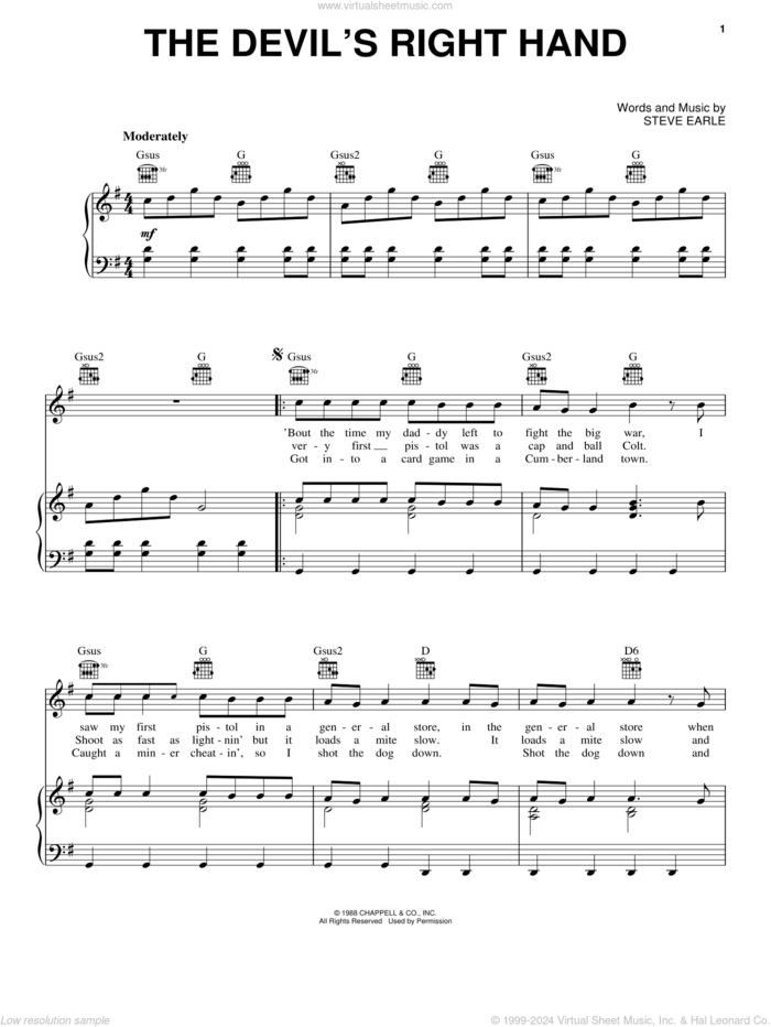 The Devil's Right Hand sheet music for voice, piano or guitar by Bob Seger and Steve Earle, intermediate skill level