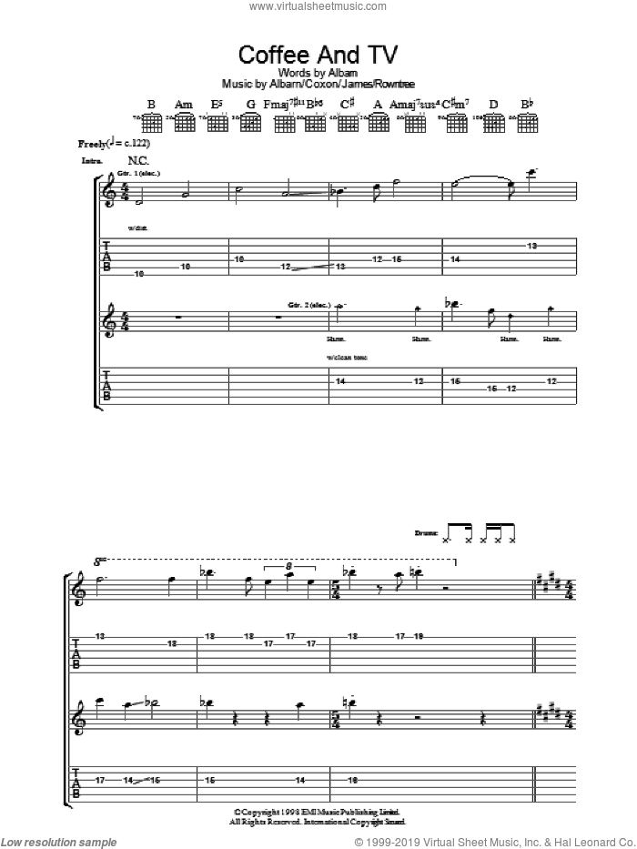 Coffee and TV sheet music for guitar (tablature) by Blur, Alex James, Damon Albarn, David Rowntree and Graham Coxon, intermediate skill level