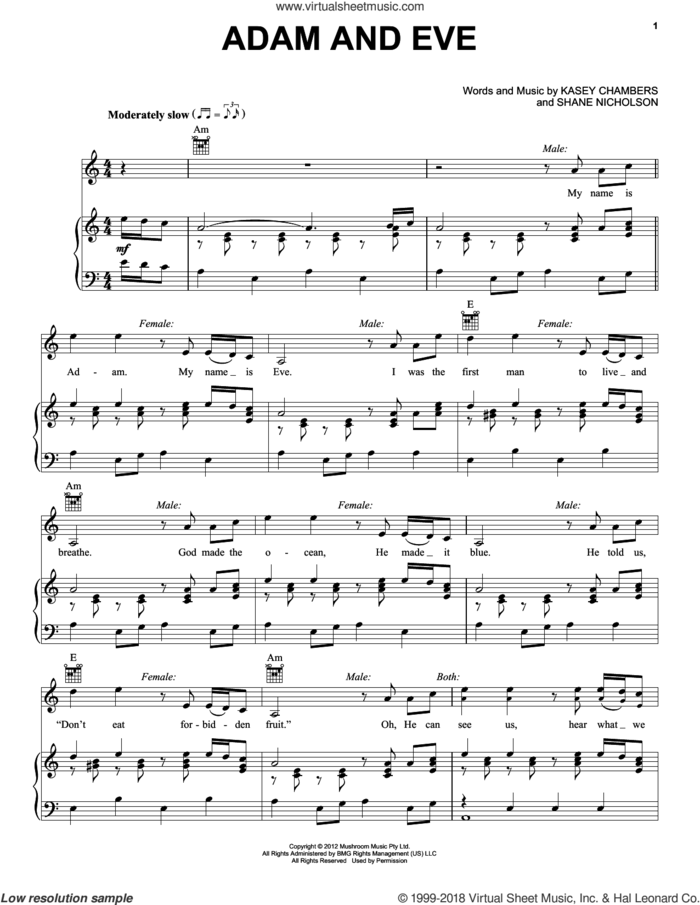 Adam And Eve sheet music for voice, piano or guitar by Bob Seger, Kasey Chambers and Shane Nicholson, intermediate skill level