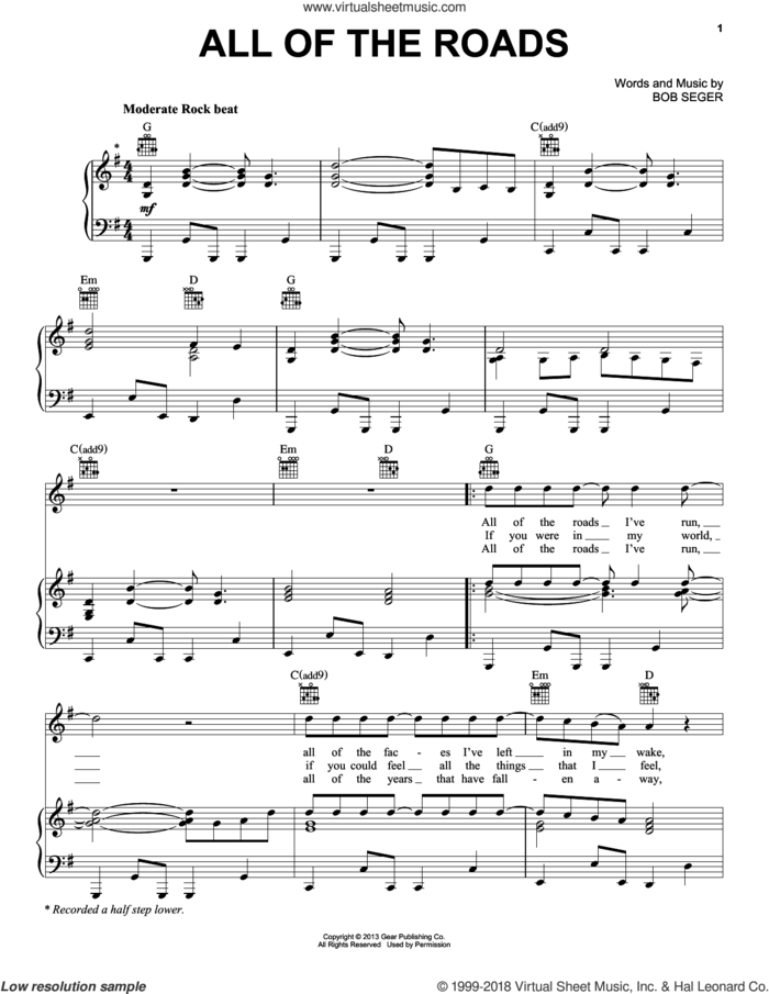 All Of The Roads sheet music for voice, piano or guitar by Bob Seger, intermediate skill level