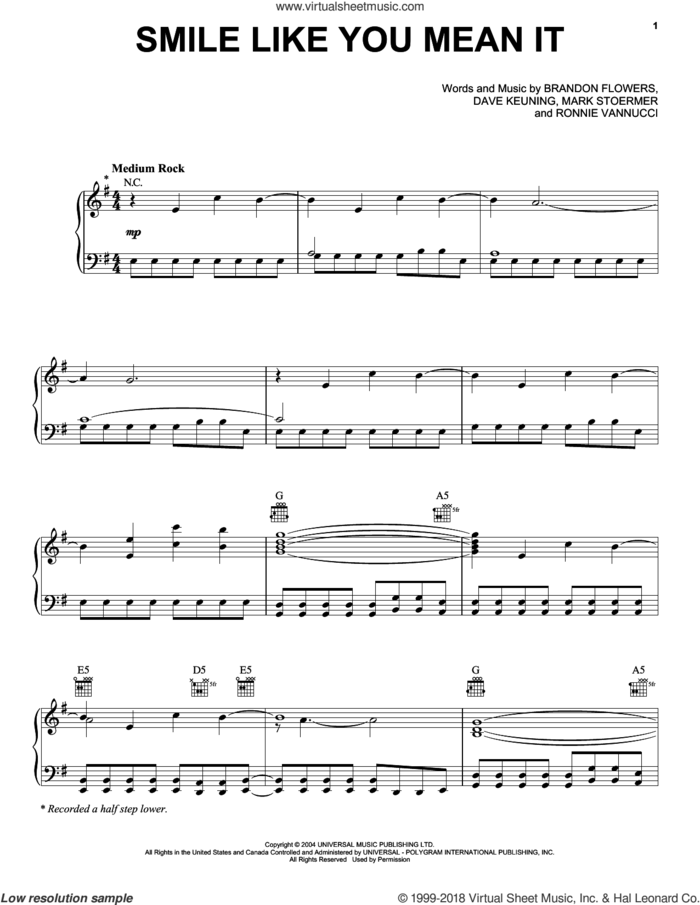 Smile Like You Mean It sheet music for voice, piano or guitar by The Killers, Brandon Flowers, Dave Keuning, Mark Stoermer and Ronnie Vannucci, intermediate skill level