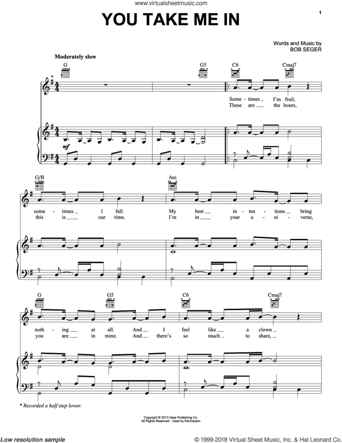 You Take Me In sheet music for voice, piano or guitar by Bob Seger, intermediate skill level