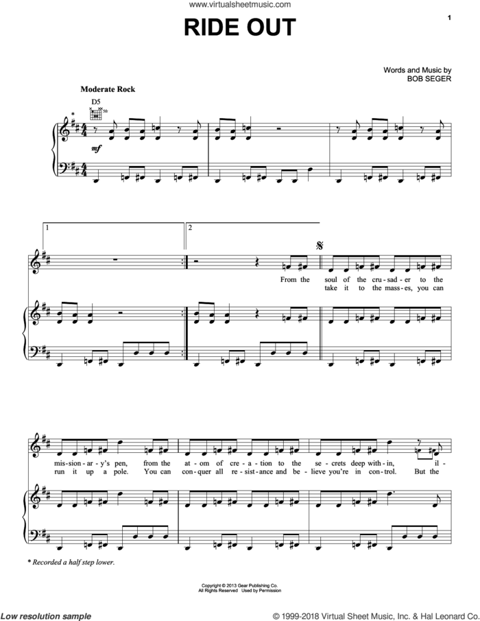 Ride Out sheet music for voice, piano or guitar by Bob Seger, intermediate skill level