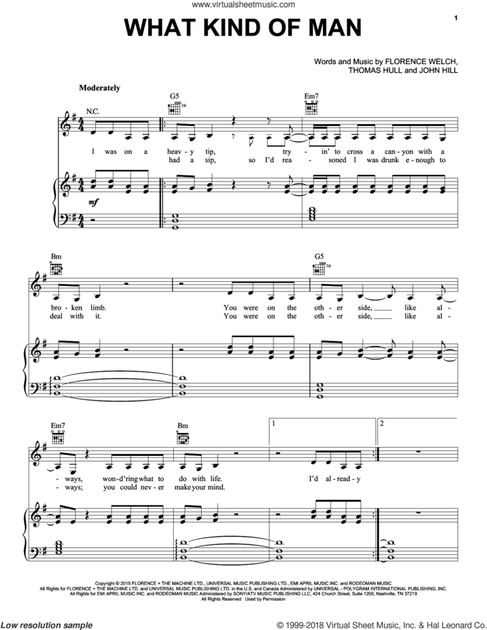What Kind Of Man sheet music for voice, piano or guitar by Florence And The Machine, Florence Welch, John Hill and Tom Hull, intermediate skill level