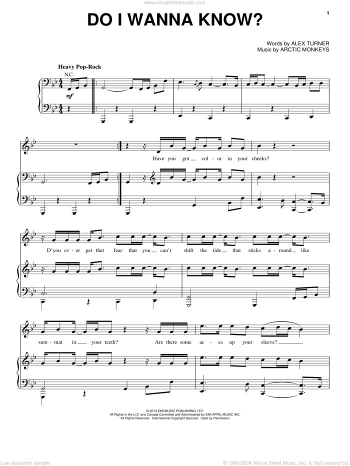 Do I Wanna Know? sheet music for voice, piano or guitar by Arctic Monkeys and Alex Turner, intermediate skill level