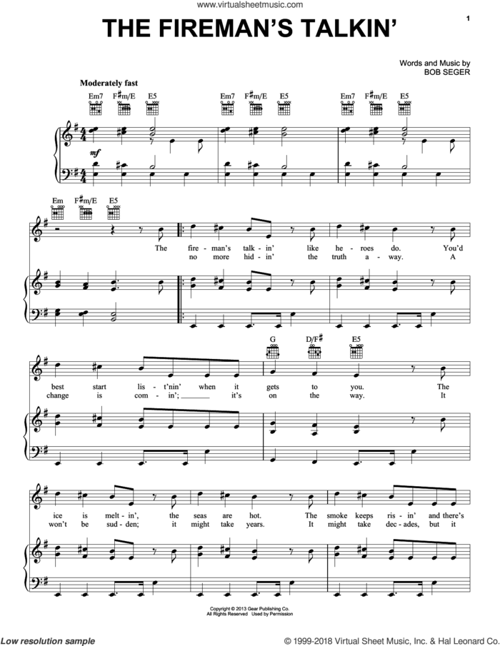 The Fireman's Talkin' sheet music for voice, piano or guitar by Bob Seger, intermediate skill level