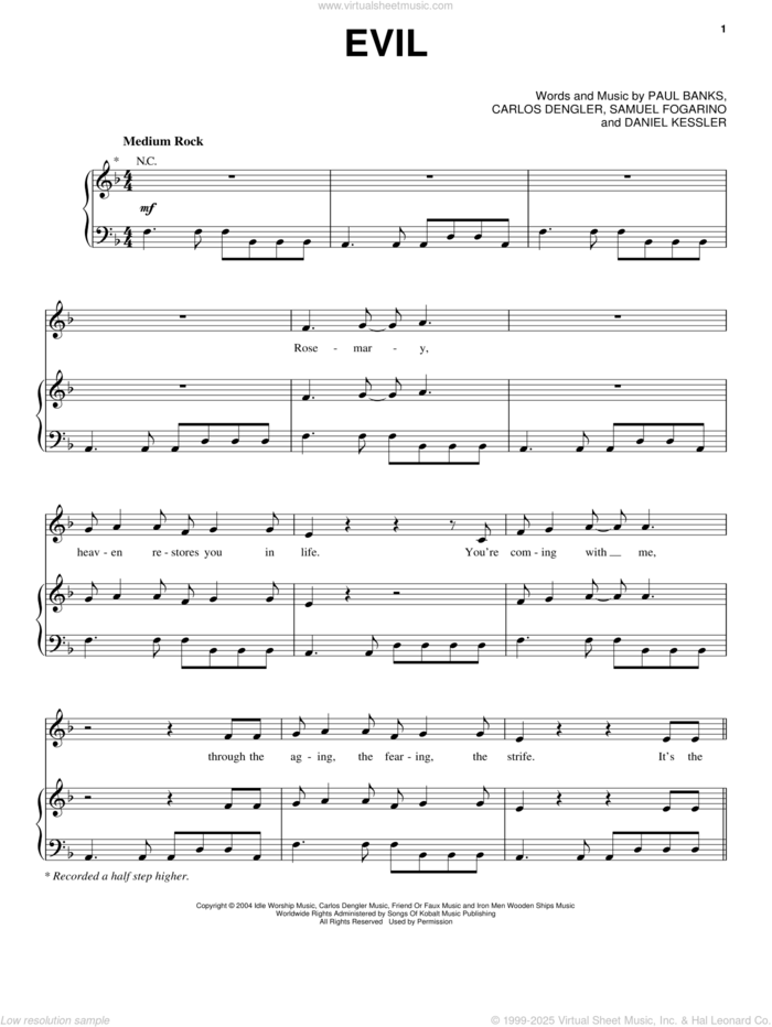 Evil sheet music for voice, piano or guitar by Interpol, Carlos Dengler, Daniel Kessler, Paul Banks and Samuel Fogarino, intermediate skill level