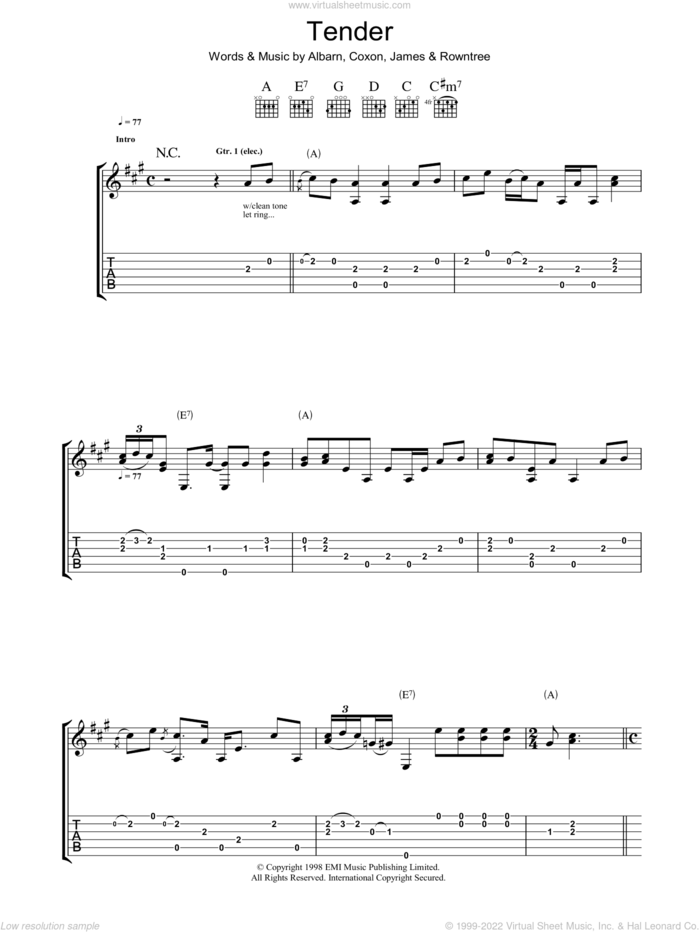 Tender sheet music for guitar (tablature) by Blur, Alex James, Damon Albarn, David Rowntree and Graham Coxon, intermediate skill level