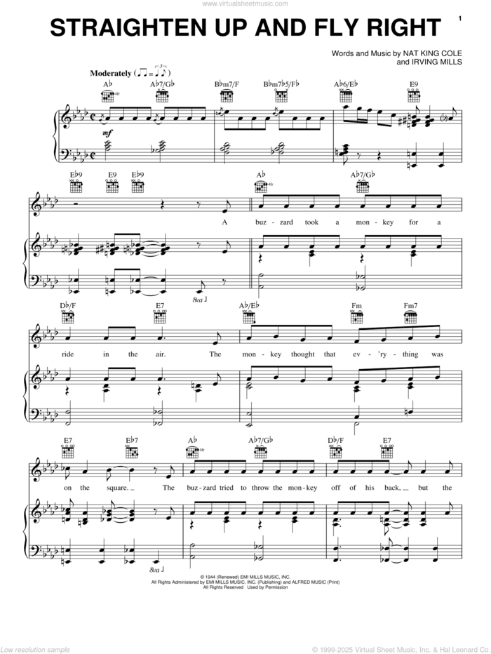 Straighten Up And Fly Right sheet music for voice, piano or guitar by Nat King Cole and Irving Mills, intermediate skill level