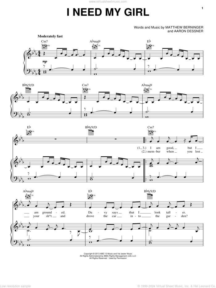 I Need My Girl sheet music for voice, piano or guitar by The National, Aaron Dessner and Matthew Berninger, intermediate skill level