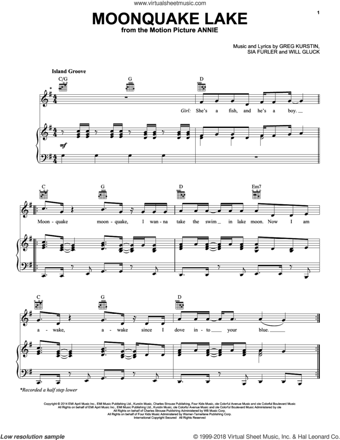 Moonquake Lake sheet music for voice, piano or guitar by Charles Strouse, Christoph Willibald Gluck, Greg Kurstin and Sia Furler, intermediate skill level