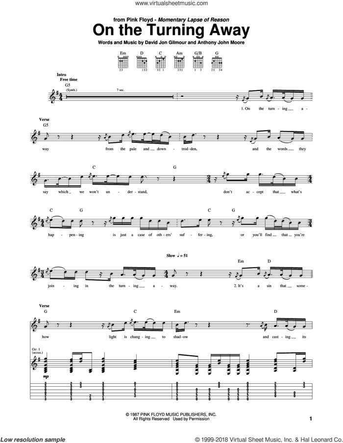 On The Turning Away sheet music for guitar (tablature) by Pink Floyd, Anthony John Moore and David Jon Gilmour, intermediate skill level