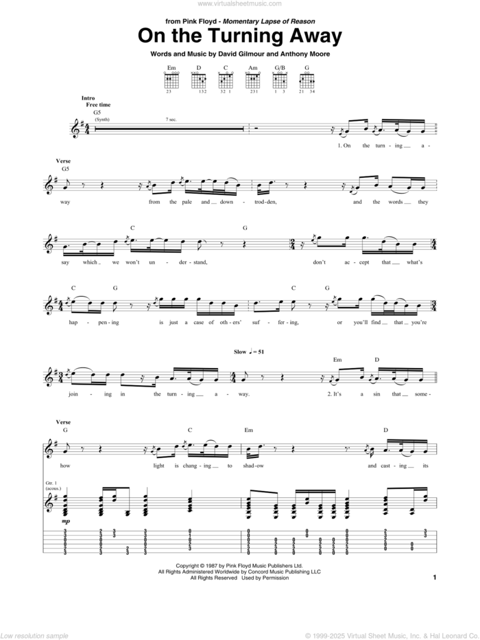 On The Turning Away sheet music for guitar (tablature) by Pink Floyd, Anthony John Moore and David Jon Gilmour, intermediate skill level