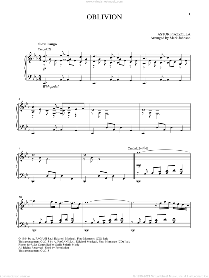 Oblivion, (intermediate) sheet music for piano solo by Astor Piazzolla, classical score, intermediate skill level