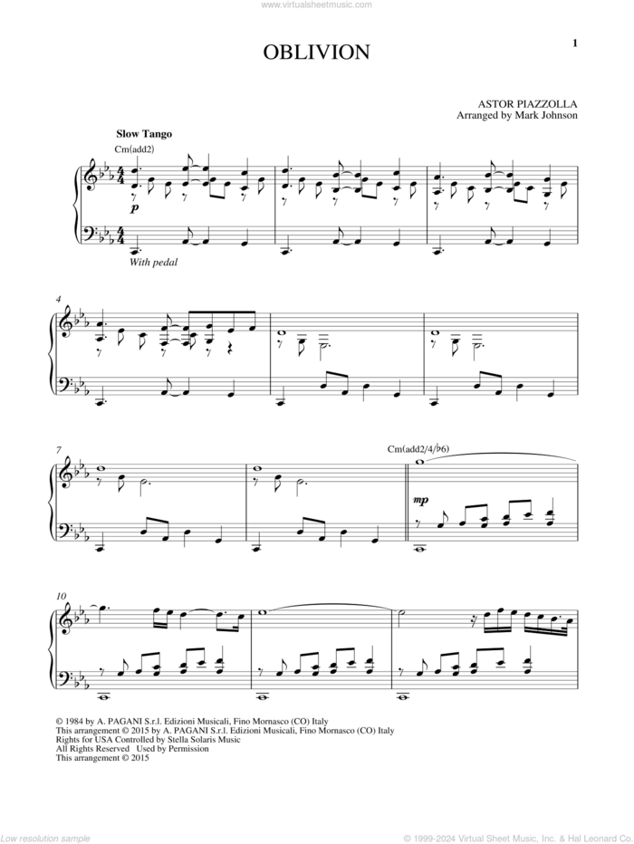 Oblivion, (intermediate) sheet music for piano solo by Astor Piazzolla, classical score, intermediate skill level