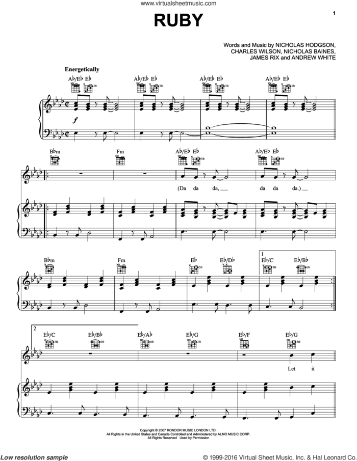 Ruby sheet music for voice, piano or guitar by Kaiser Chiefs, Andrew White, Charles Wilson, James Rix, Nicholas Baines and Nicholas Hodgson, intermediate skill level