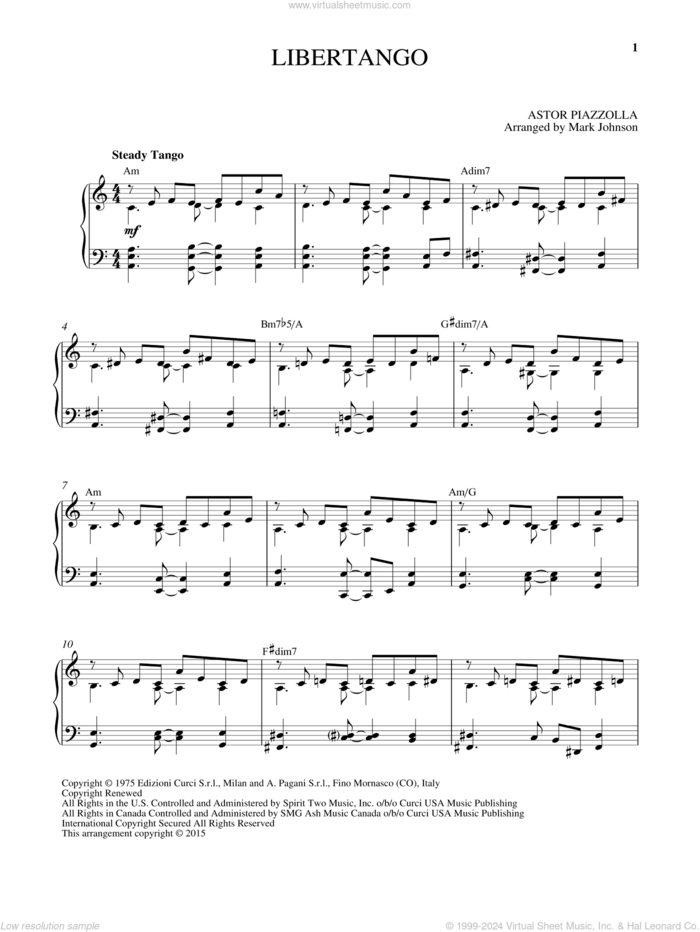 Libertango, (intermediate) sheet music for piano solo by Astor Piazzolla, classical score, intermediate skill level