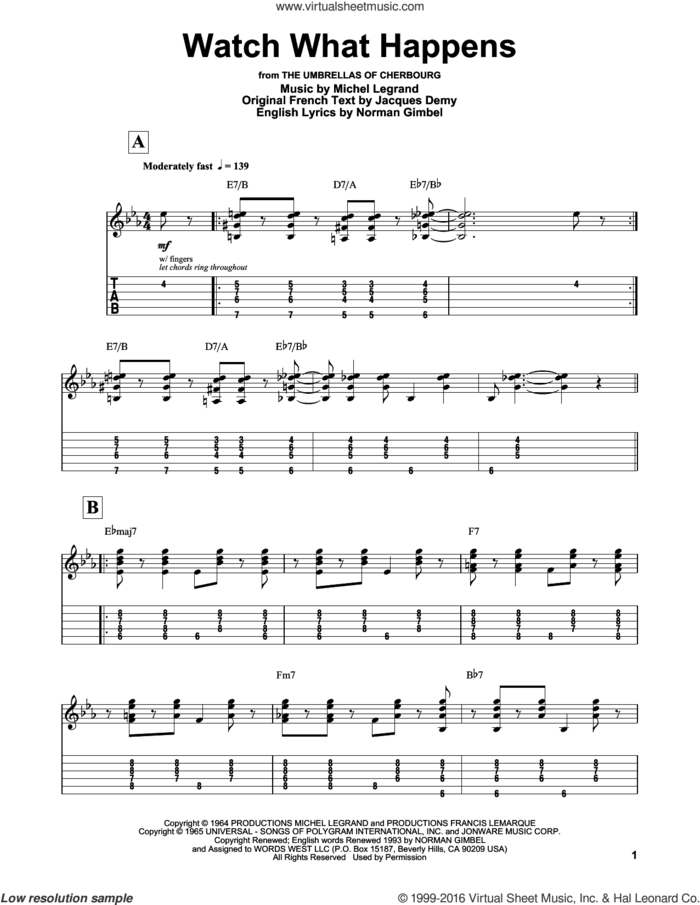 Watch What Happens sheet music for guitar (tablature, play-along) by Norman Gimbel and Michel LeGrand, intermediate skill level
