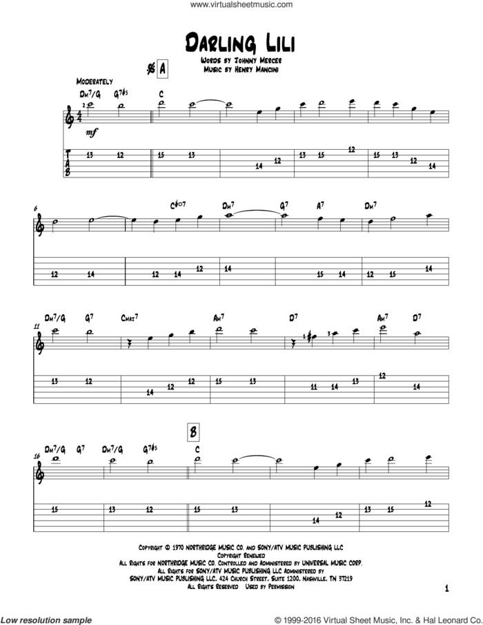 Darling Lili sheet music for guitar solo by Johnny Mercer and Henry Mancini, intermediate skill level