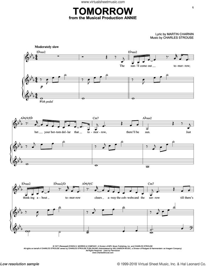 Tomorrow sheet music for voice and piano by Charles Strouse and Martin Charnin, intermediate skill level