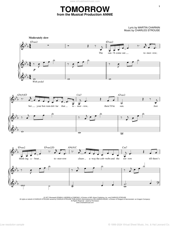 Tomorrow sheet music for voice and piano by Charles Strouse and Martin Charnin, intermediate skill level