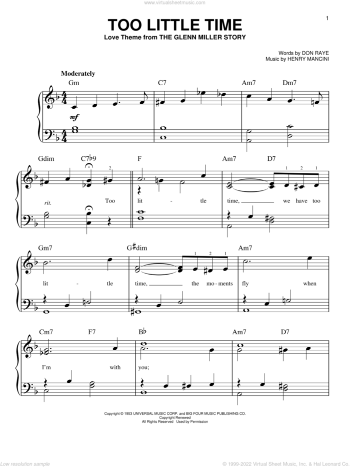 Too Little Time sheet music for piano solo by Henry Mancini and Don Raye, beginner skill level