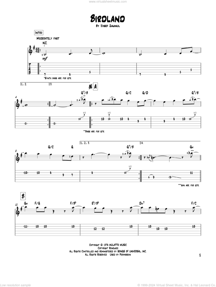 Birdland sheet music for guitar solo by Manhattan Transfer, Weather Report, Jon Hendricks and Josef Zawinul, intermediate skill level