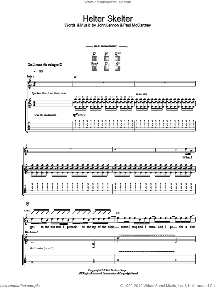 Helter Skelter sheet music for guitar (tablature) by Oasis, Motley Crue, The Beatles, U2, John Lennon and Paul McCartney, intermediate skill level