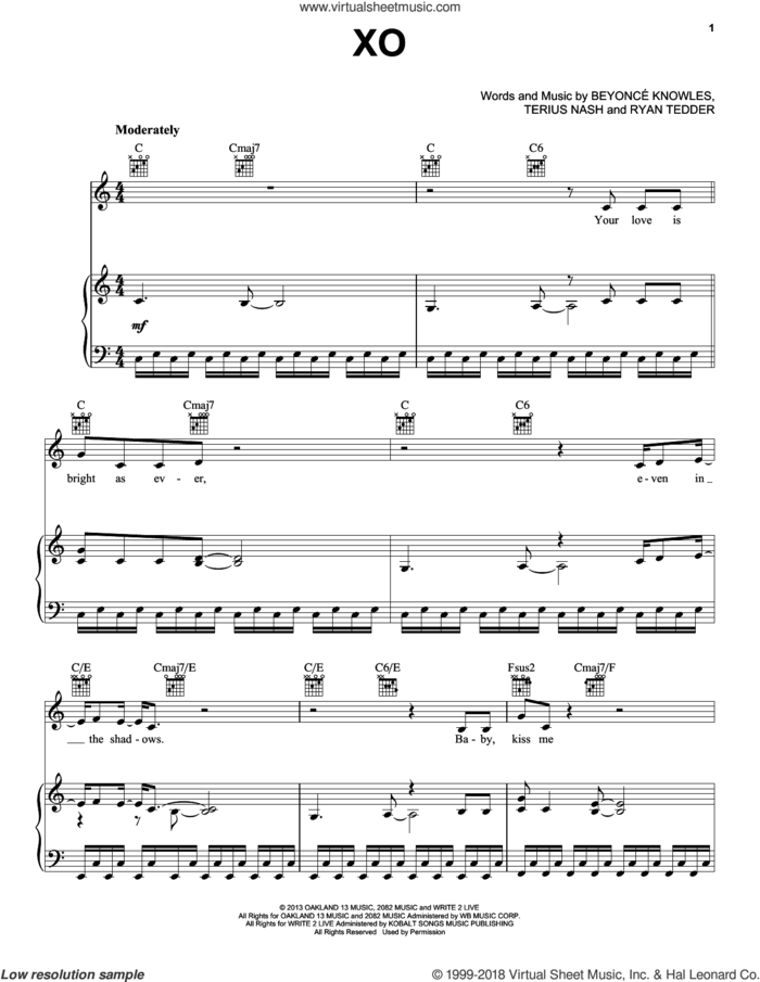 XO sheet music for voice, piano or guitar by Beyonce, Beyonce Knowles, Ryan Tedder and Terius Nash, intermediate skill level