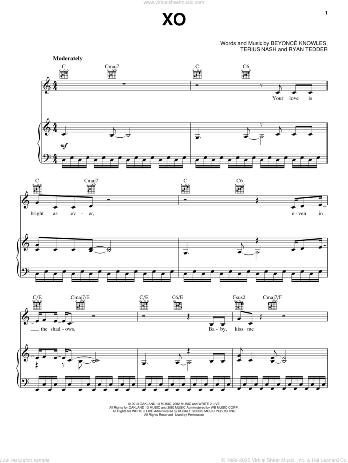 XO sheet music for voice, piano or guitar by Beyonce, Beyonce Knowles, Ryan Tedder and Terius Nash, intermediate skill level