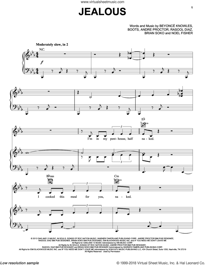 Jealous sheet music for voice, piano or guitar by Beyonce, Andre Proctor, Beyonce Knowles, Beyonce, Boots, Brian Soko, Noel Fisher and Rasool Diaz, intermediate skill level