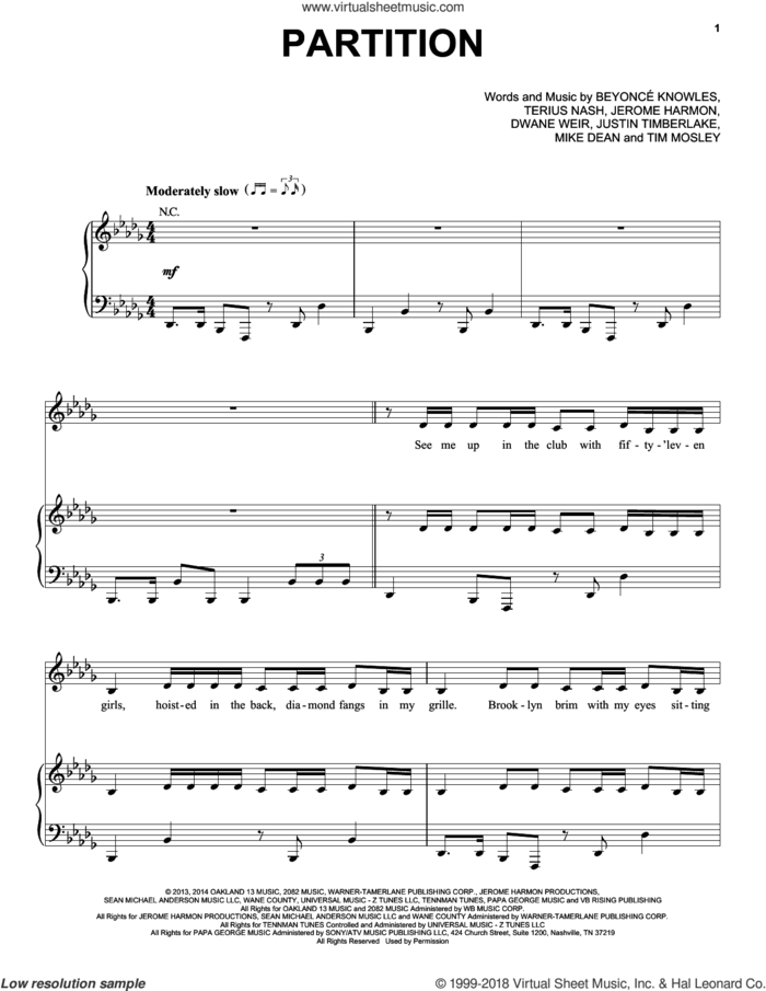Partition sheet music for voice, piano or guitar by Beyonce, Beyonce Knowles, Dwane Weir, Jermone Harmon, Justin Timberlake, Mike Dean, Terius Nash and Tim Mosley, intermediate skill level