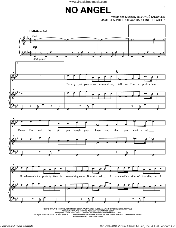 No Angel sheet music for voice, piano or guitar by Beyonce, Beyonce Knowles, Caroline Polachek and James Fauntleroy, intermediate skill level