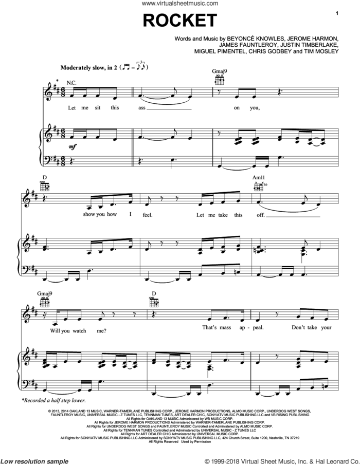 Rocket sheet music for voice, piano or guitar by Beyonce, Beyonce Knowles, Chris Godbey, James Fauntleroy, Jermone Harmon, Justin Timberlake, Miguel Pimentel and Tim Mosley, intermediate skill level