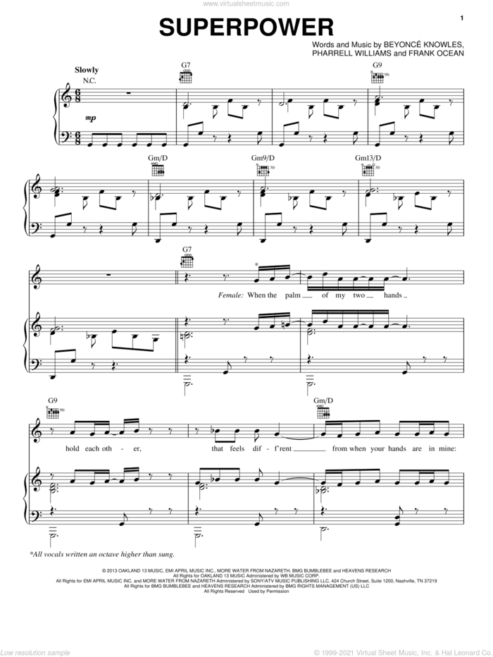 Superpower sheet music for voice, piano or guitar by Beyonce, Beyonce Knowles, Beyonce, Frank Ocean and Pharrell Williams, intermediate skill level