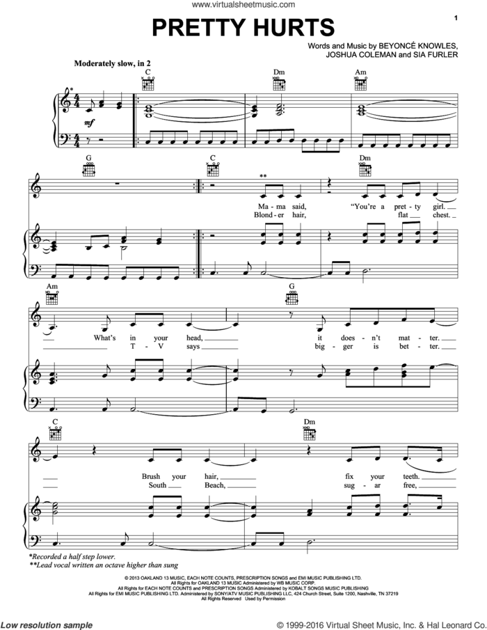Pretty Hurts sheet music for voice, piano or guitar by Beyonce, Beyonce Knowles, Beyonce, Joshua Coleman and Sia Furler, intermediate skill level