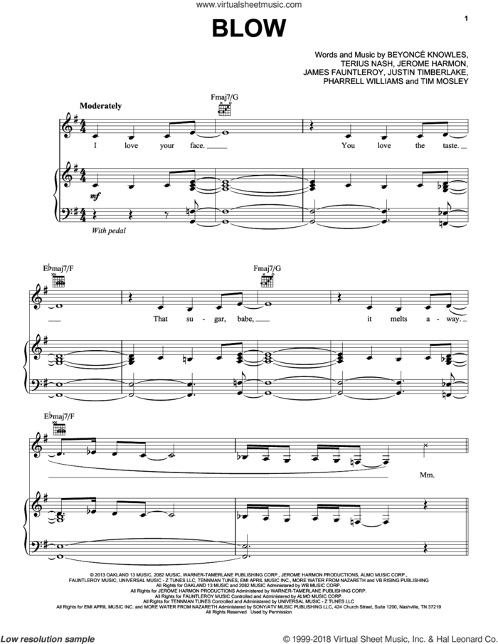 Blow sheet music for voice, piano or guitar by Beyonce, Beyonce Knowles, James Fauntleroy, Jermone Harmon, Justin Timberlake, Pharrell Williams, Terius Nash and Tim Mosley, intermediate skill level
