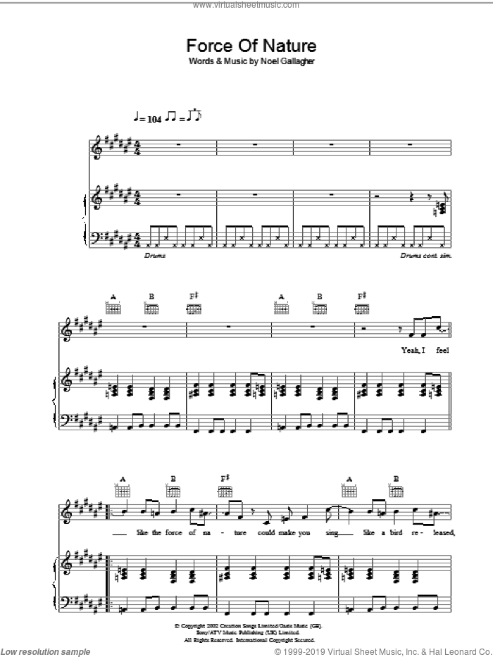 Force Of Nature sheet music for voice, piano or guitar by Oasis and Noel Gallagher, intermediate skill level