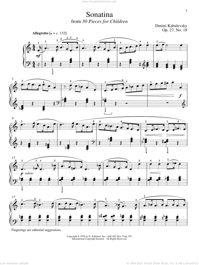 Sonatina sheet music for piano solo by Dmitri Kabalevsky, Jeffrey Biegel, Margaret Otwell and Richard Walters, classical score, intermediate skill level