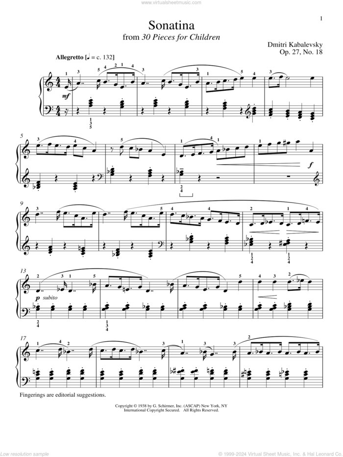 Sonatina sheet music for piano solo by Dmitri Kabalevsky, Jeffrey Biegel, Margaret Otwell and Richard Walters, classical score, intermediate skill level