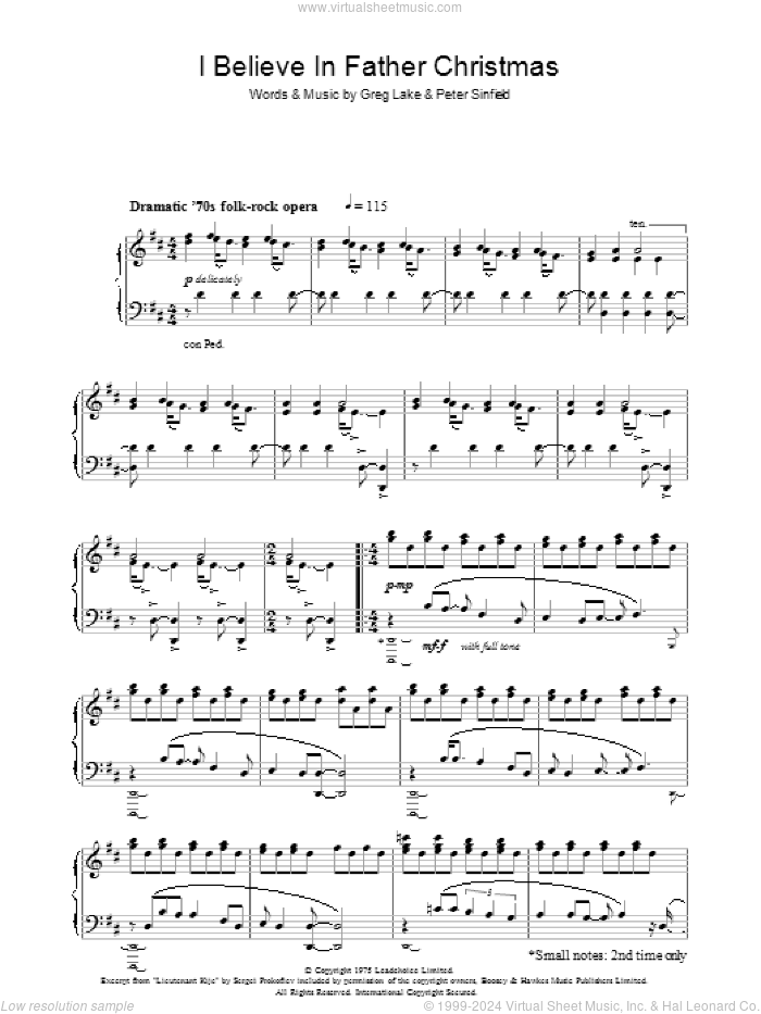 I Believe In Father Christmas sheet music for piano solo by Greg Lake and Peter Sinfield, intermediate skill level